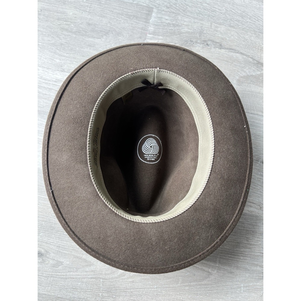 Dorfman Pacific Mens Wool Felt Outback Hat Brown Leather Band Feather Large USA - Picture 6 of 8
